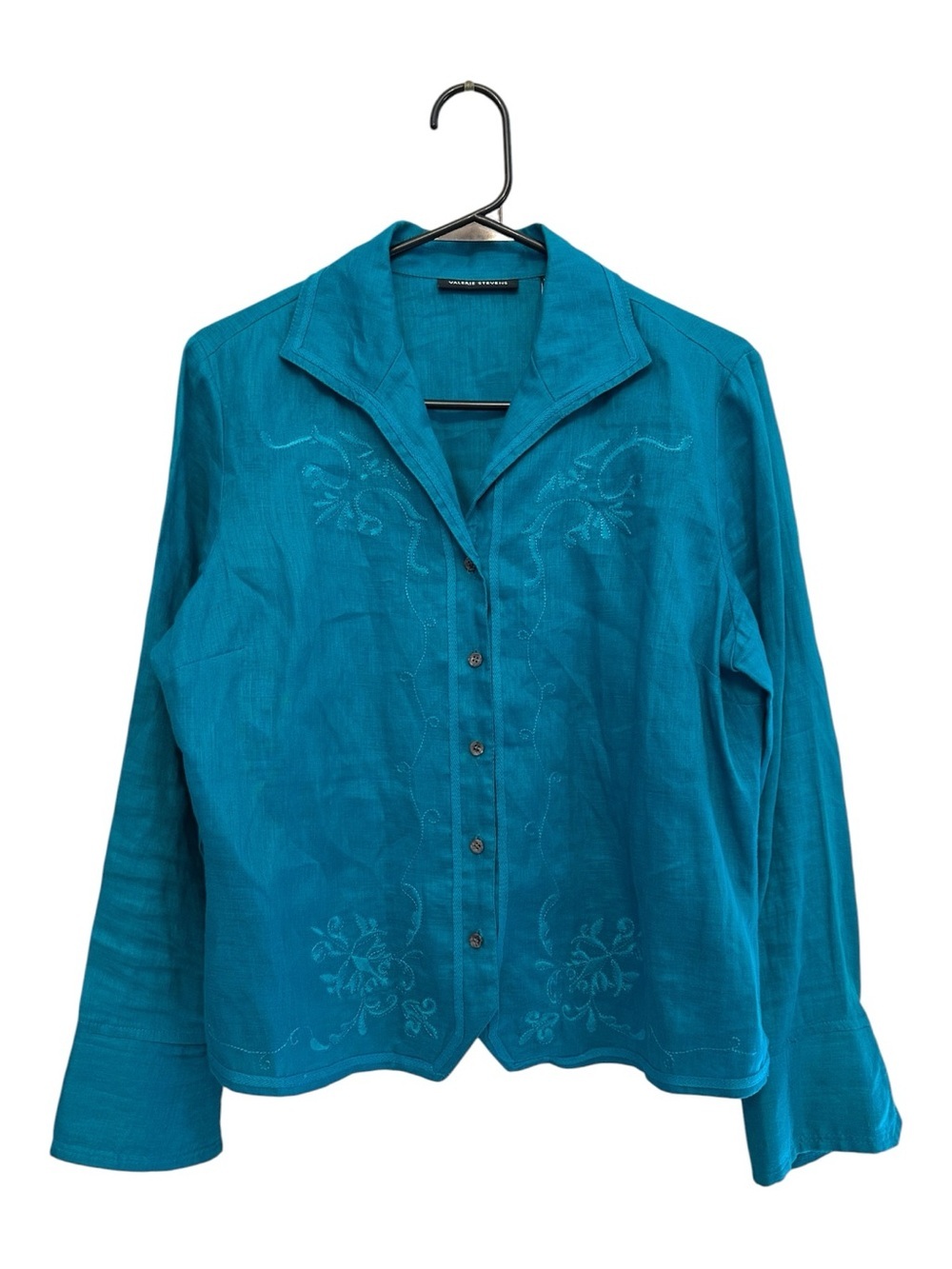 Vintage Y2K Valerie Steven’s 100% Linen Teal Embroidered Button-Down Shirt M